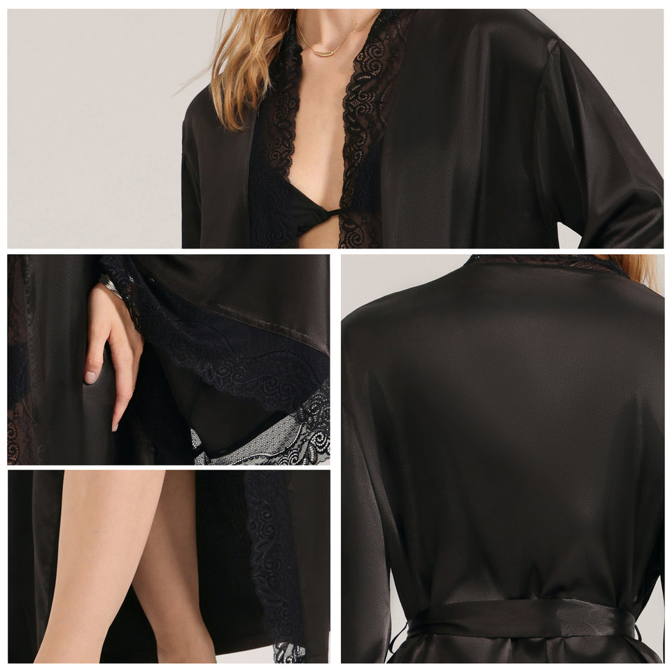 Black Lace-Panel Sexy Womens SpringSummer Loungewear Robe