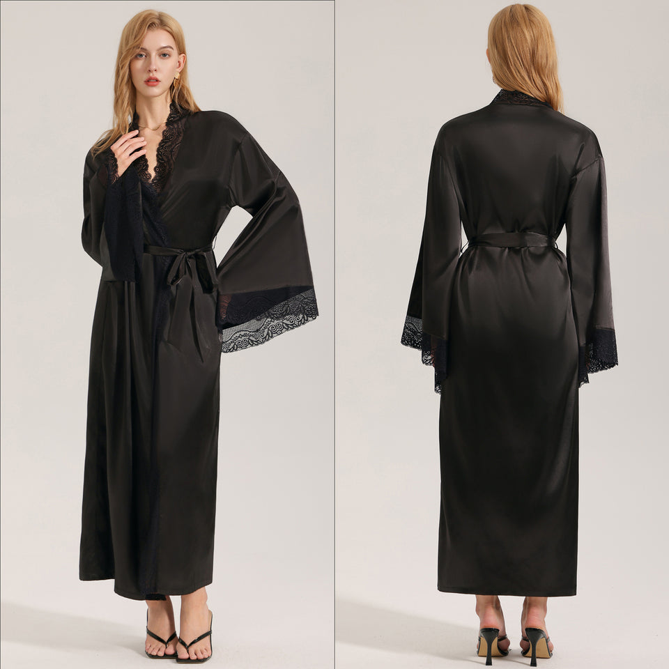 Black Lace-Panel Sexy Womens SpringSummer Loungewear Robe