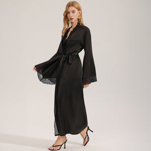 Black Lace-Panel Sexy Womens SpringSummer Loungewear Robe