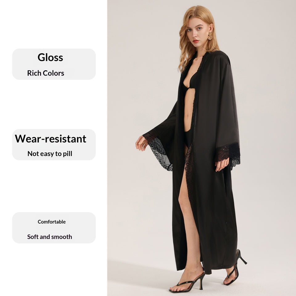 Black Lace-Panel Sexy Womens SpringSummer Loungewear Robe