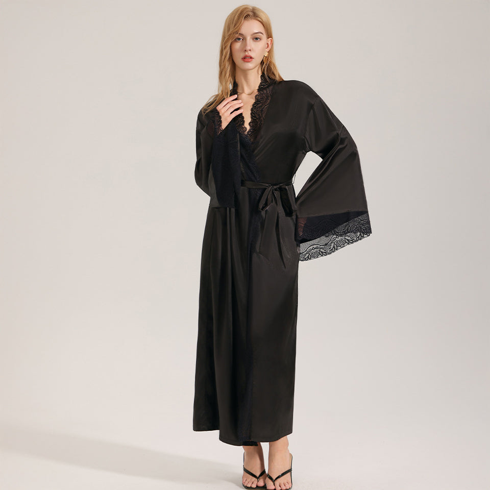 Black Lace-Panel Sexy Womens SpringSummer Loungewear Robe